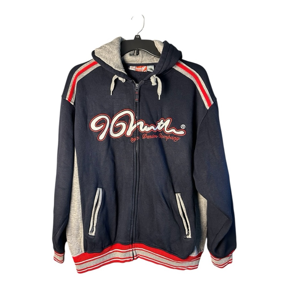96 North Men's Navy and Gray Long Sleeve Full Zip Bomber Jacket Streetwear Large